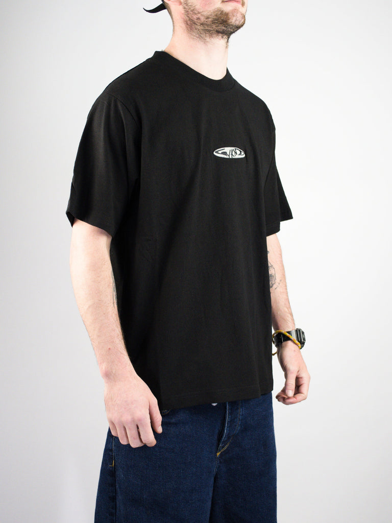 Plain black t-shirt with a small Vans logo on the chest.