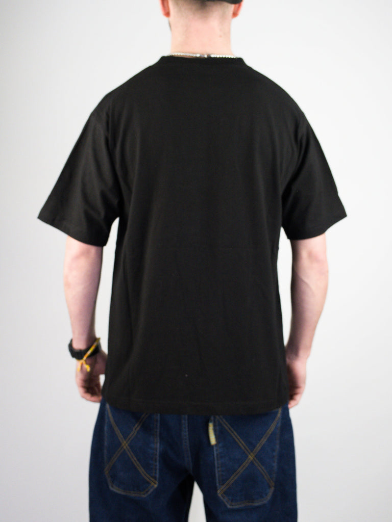 Plain black t-shirt shown from the back.