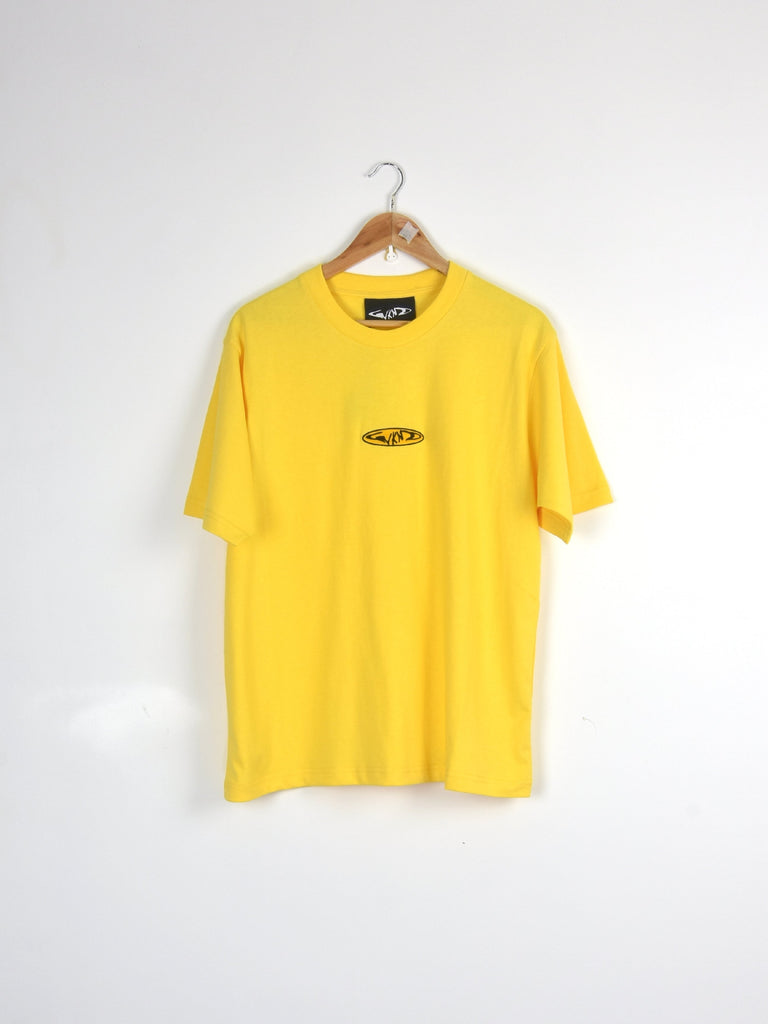 Yellow t-shirt with a small logo hanging on a wooden hanger.