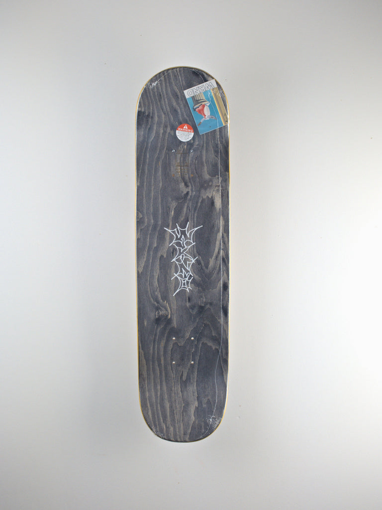 Dark gray skateboard deck with a white graphic design and attached stickers.