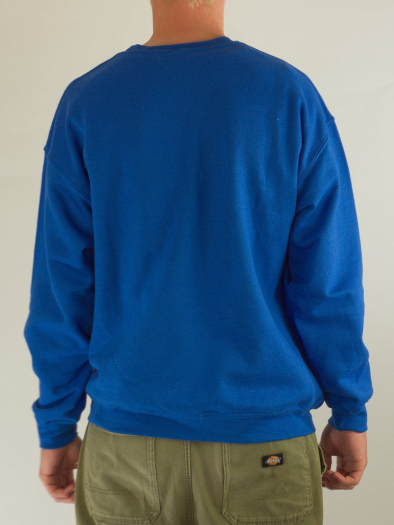 Blue long-sleeved crewneck sweatshirt worn by a person.