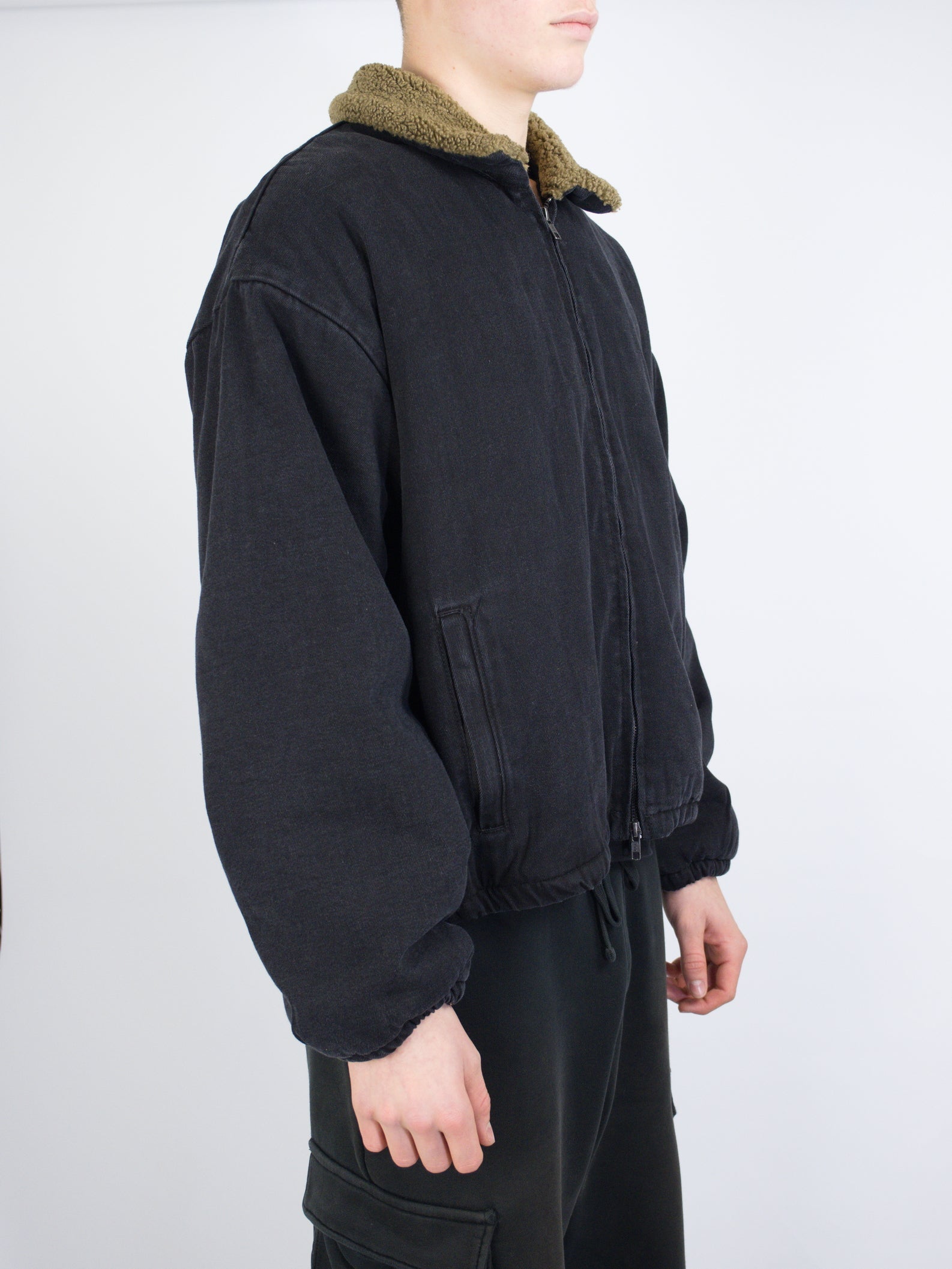 Wknd - sherpa lined zip denim jacket - washed black