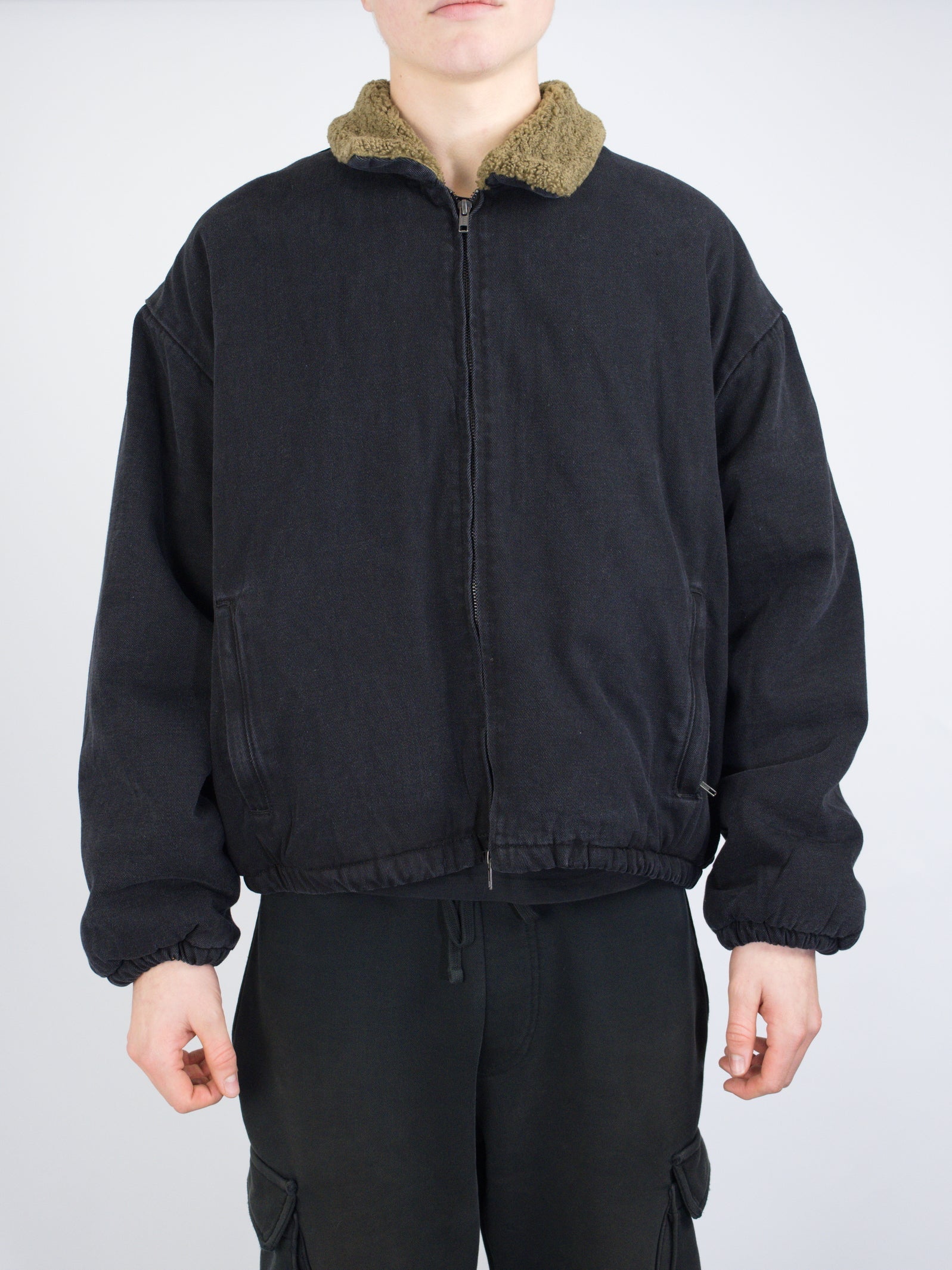 Wknd - sherpa lined zip denim jacket - washed black